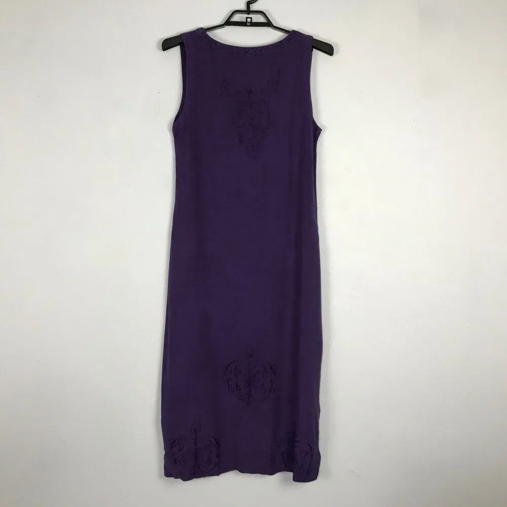 Vintage‎ 1990s Purple Rayon Dress Size M Sleeveless Side Vent Embroidered Midi
